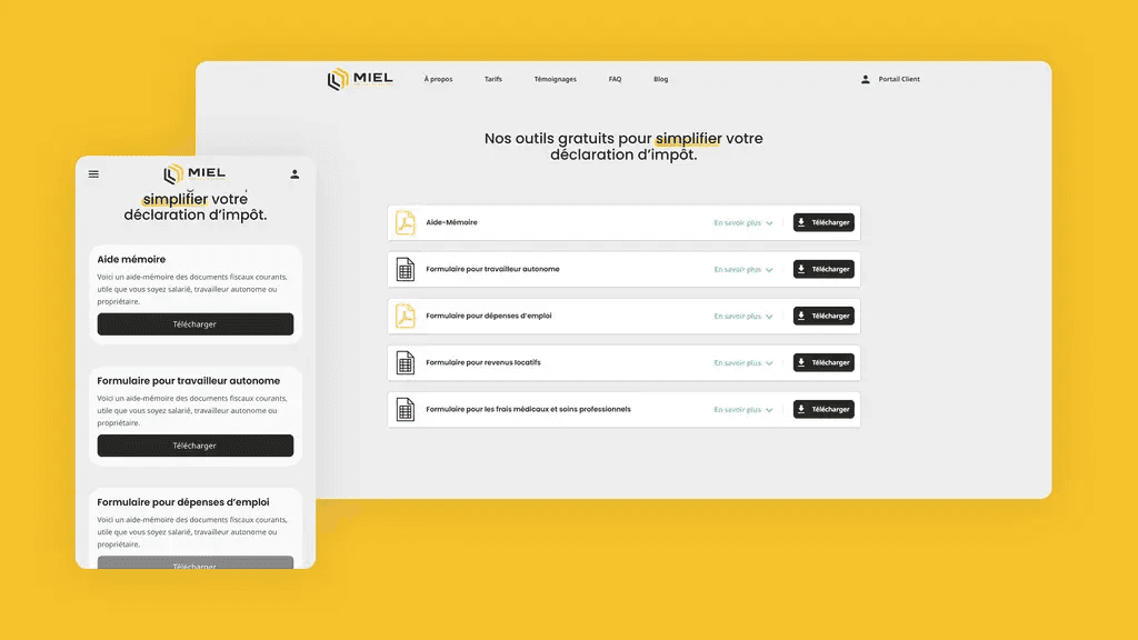 Page des outils gratuits du site MIEL affichée sur desktop et mobile — formulaires et aide-mémoire téléchargeables pour simplifier la déclaration d'impôts