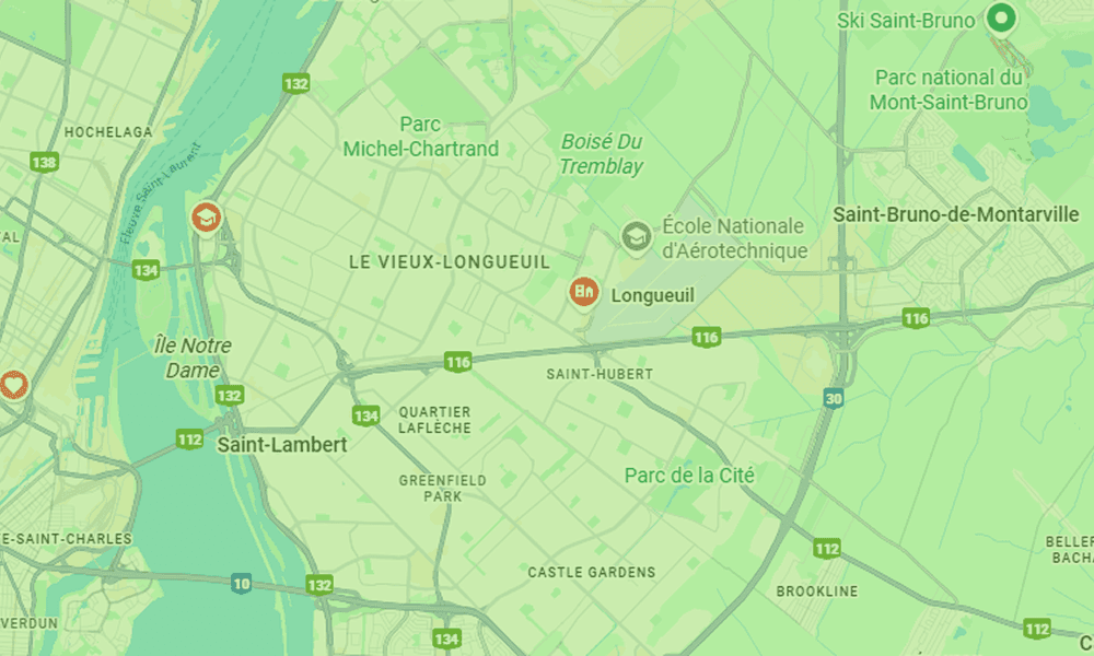Carte montrant la zone de Longueuil étant desservie par B2Web, agence spécialisée en sites web modernes et SEO