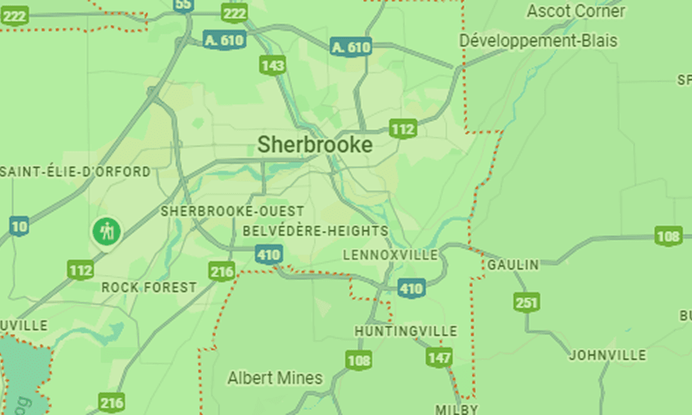 Carte montrant la zone de Sherbrooke étant desservie par B2Web, agence de création de site web pour PME