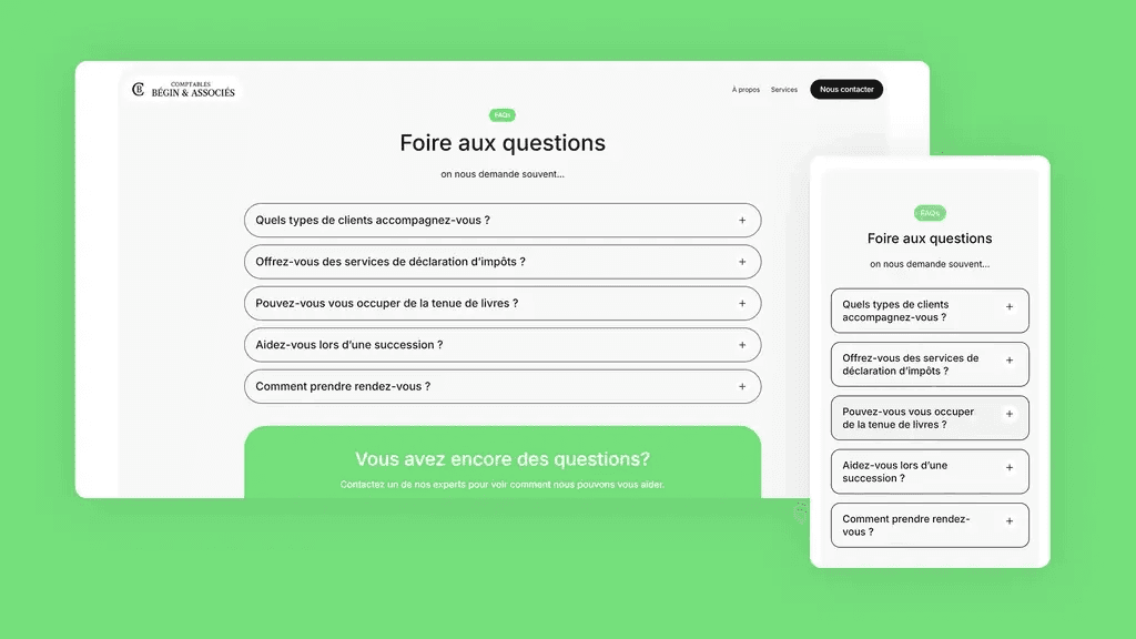 Page des tarifs du site MIEL affichée sur desktop et mobile — forfaits de déclaration d'impôts à partir de 75$ selon la situation du client