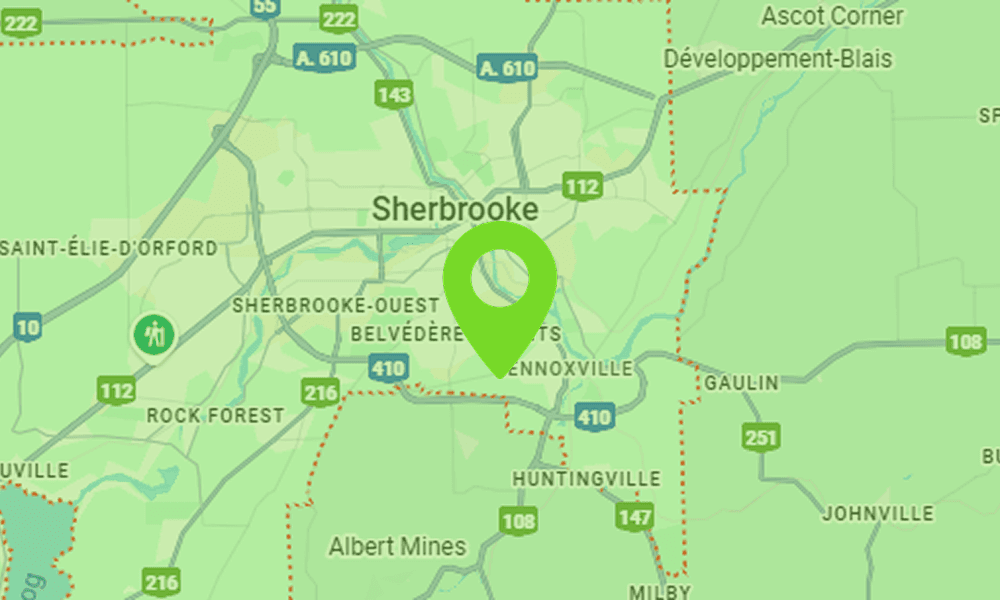 Carte montrant la zone de Sherbrooke étant desservie par B2Web, agence de création de site web pour PME