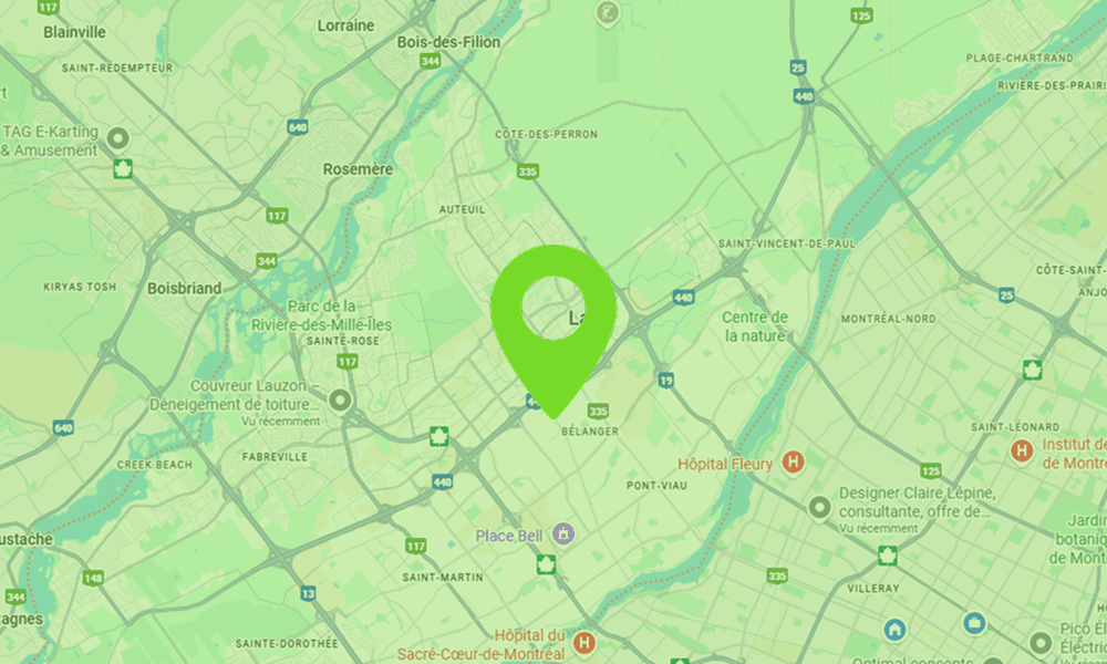 Carte montrant la zone de Laval étant desservie par B2Web, agence de création de site web pour entreprises locales