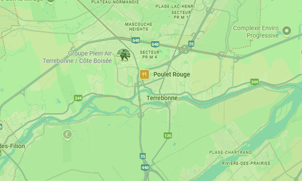 Carte montrant la zone de Terrebonne étant desservie par B2Web, agence professionnelle de création de sites web