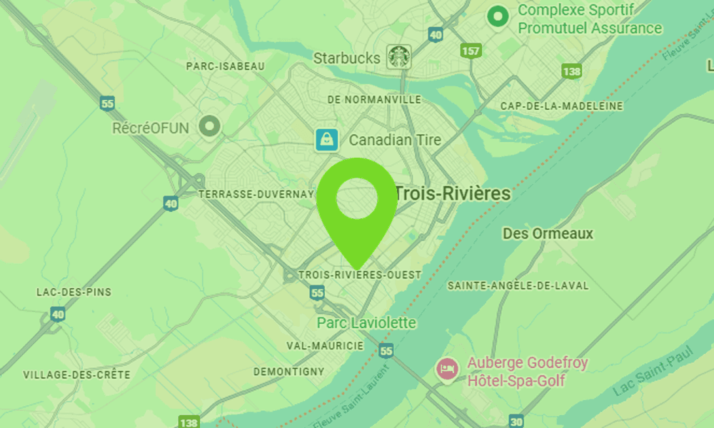 Carte montrant la zone de Trois-Rivières étant desservie par B2Web, agence de création de site web au Québec
