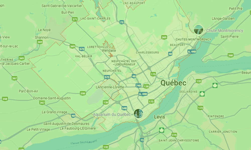 Carte montrant la zone de Québec étant desservie par B2Web, spécialiste en création de sites web professionnels.