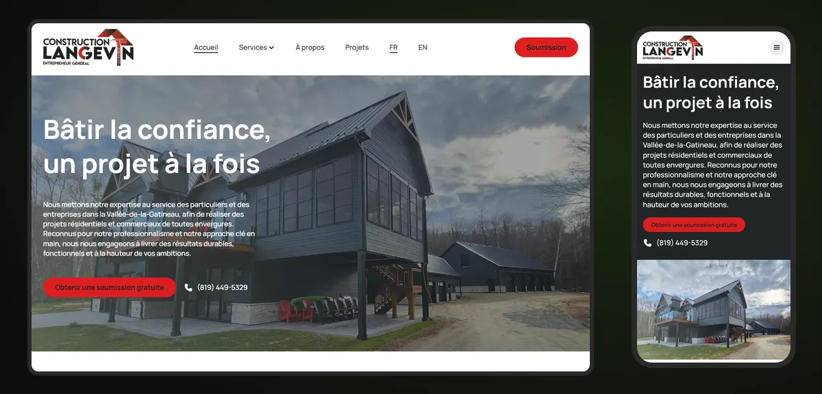 Site web de Construction Langevin, réalisé par b2web, affiché sur ordinateur et sur cellulaire : la mise en page change d'un écran à l'autre