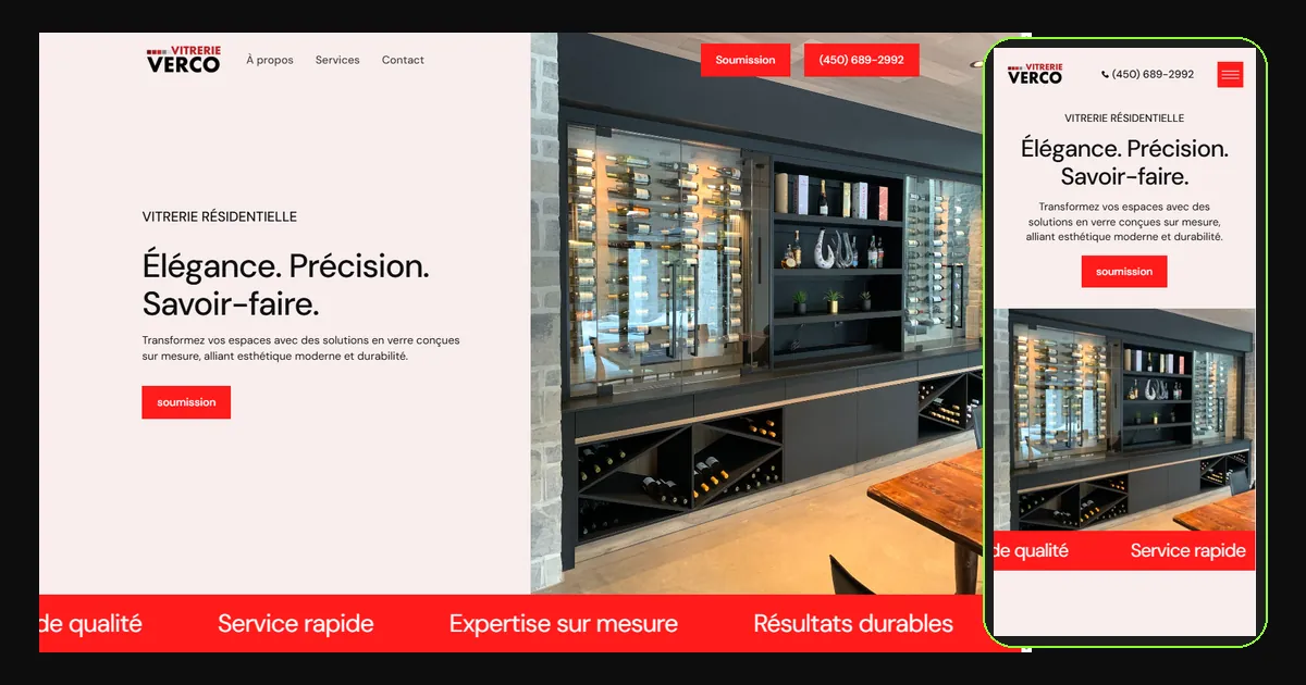 Site vitrine de Vitrerie Verco, réalisé par b2web, sur ordinateur et sur cellulaire : boutons Soumission et numéro de téléphone visibles dès l'arrivée